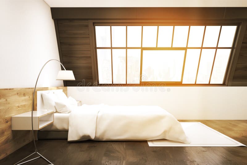 Vista laterale di una camera da letto della soffitta con un tappeto, tonificata illustrazione di stock Vista laterale di una camera da letto della soffitta con un tappeto, tonificata illustrazione di stock