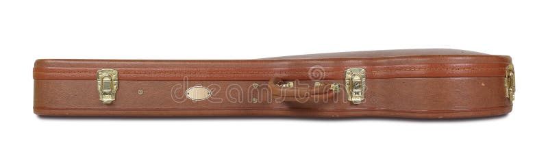 Vista laterale di uno strumento musicale chitarra marrone rossastro hard case isolata immagine stock