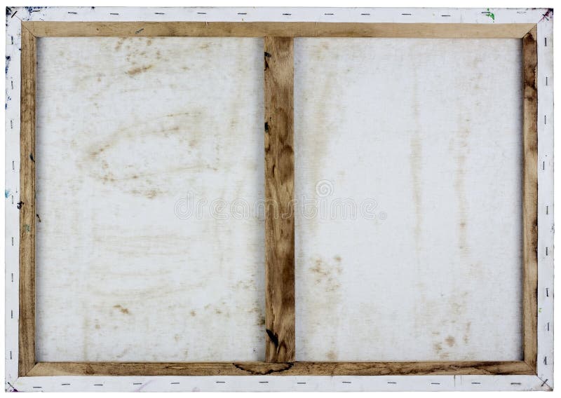 Back side view background of real old wooden frame with oil painted white canvas. Isolated. Back side view background of real old wooden frame with oil painted white canvas. Isolated