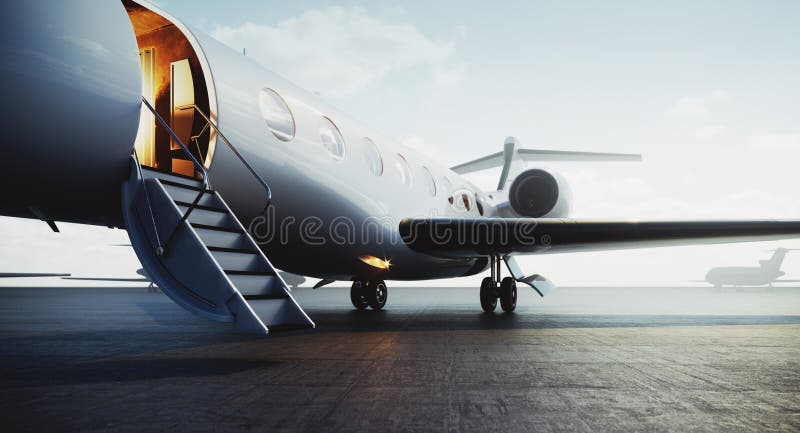Closeup view of private jet airplane parked at outside and waiting business persons. Luxury tourism and business travel transportation concept. 3d rendering. Closeup view of private jet airplane parked at outside and waiting business persons. Luxury tourism and business travel transportation concept. 3d rendering