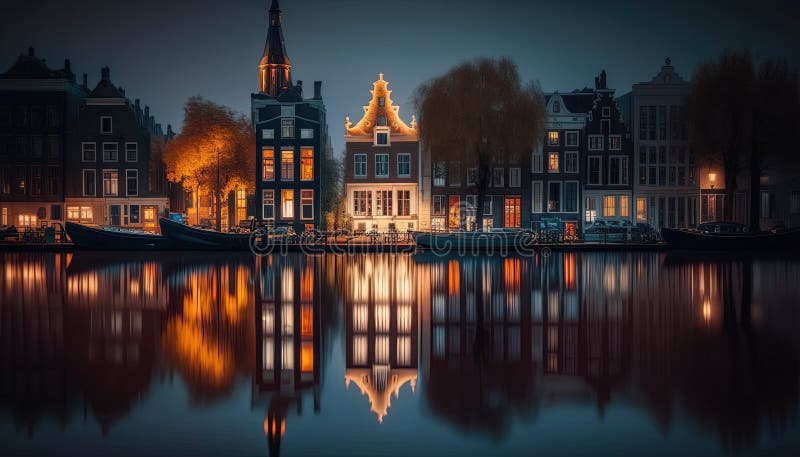 Vista Nocturna De La Casa De Amsterdam Con Luz Roja Reflectante Y