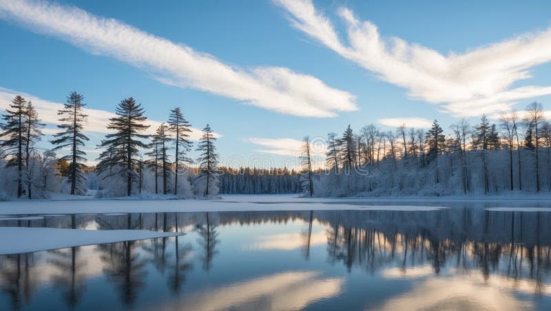 Vista panoramica di un lago congelato che riflette alberi e nuvole sotto un cielo azzurro brillante. royalty illustrazione gratis