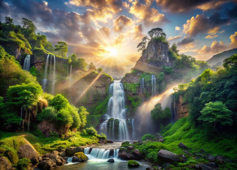 Vista panoramica di una cascata di montagna creata con Generative AI. Immergersi nella cruda bellezza della natura catturata in una sorprendente visione panoramica. Questo paesaggio generico AI mostra una cascata che precipita in una robusta superficie montata. L'interazione tra luce e ombra accentua i drammatici contorni del terreno evidenziando la forza potente dell'acqua mentre scava il suo percorso attraverso la roccia. Il verde lussuoso che circonda la