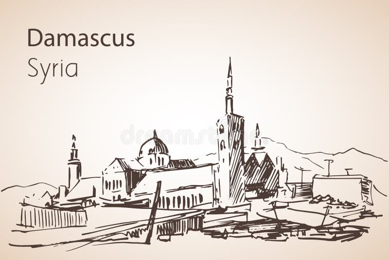 Vista panorámica de la ciudad Damaskus, Siria bosquejo stock de ilustración Vista panorámica de la ciudad Damaskus, Siria bosquejo stock de ilustración