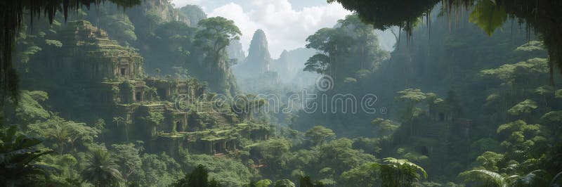 Vista panorámica de la jungla con un templo escondido en medio de una frondosa vegetación stock de ilustración