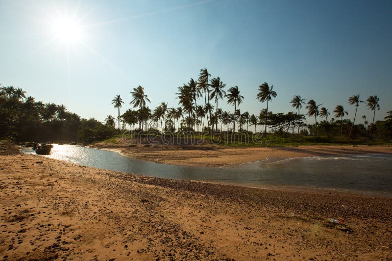 Vista panorámica de la playa tropical con las palmeras del coco Koh Sa fotos de archivo Vista panorámica de la playa tropical con las palmeras del coco Koh Sa fotos de archivo