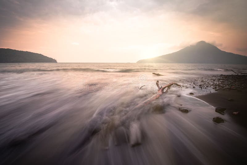Vista panorámica de las olas que envuelven a un árbol muerto en la playa de arena negra volcánica de krakatoa indonesia