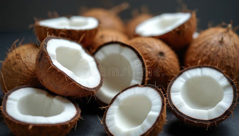 Vista panorámica de los cocos frescos. Muchas mitades de cocos visibles. Carne blanca de conchas marrones. Alimentos saludables pa libre illustration
