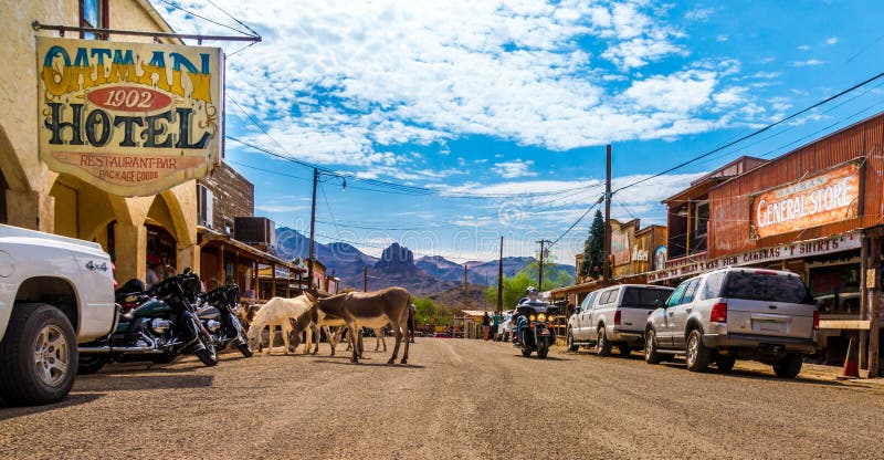 Panoramic view of Oatman - a historic ghost town in Arizona, USA. Picture made during a motorcycle road trip through the western us states. Panoramic view of Oatman - a historic ghost town in Arizona, USA. Picture made during a motorcycle road trip through the western us states.