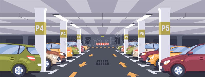 Panoramic view of urban underground car park full of parked autos. Basement garage interior with markings, signs, columns and reserved parking lots. Colored flat vector illustration. Panoramic view of urban underground car park full of parked autos. Basement garage interior with markings, signs, columns and reserved parking lots. Colored flat vector illustration.