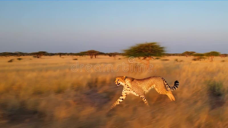 Vista panorámica del cheetah corriendo a través del pasto en la sabana africana. stock de ilustración