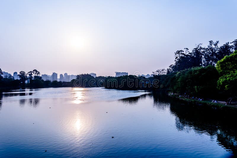 Vista panorámica del twilght en el parque de Ibirapuera, en el sao Pau imagen de archivo libre de regalías Vista panorámica del twilght en el parque de Ibirapuera, en el sao Pau imagen de archivo libre de regalías