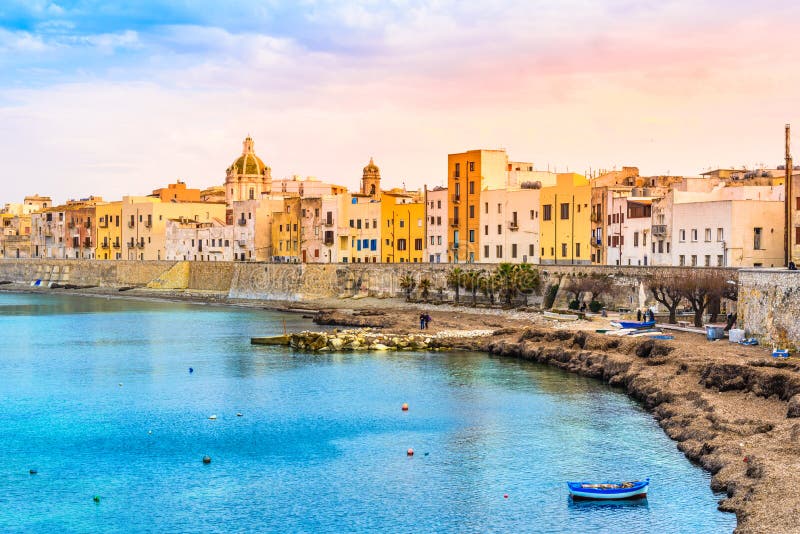 Trapani panoramic view of harbor, Sicily, Italy at sunset. Travel Italy, Sicily. Trapani panoramic view of harbor, Sicily, Italy at sunset. Travel Italy, Sicily.