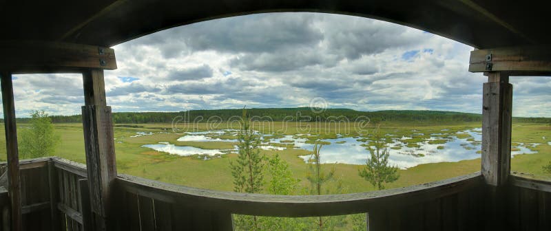 Vista panorâmica fora da torre da ornitologia em Vaejtjaernen em Vaermland, Suécia imagens de stock royalty free Vista panorâmica fora da torre da ornitologia em Vaejtjaernen em Vaermland, Suécia imagens de stock royalty free
