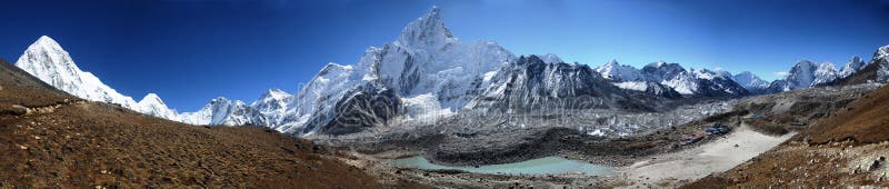 Panoramic view of Everest peaks along the Everest Base camp trek in Nepal. Panoramic view of Everest peaks along the Everest Base camp trek in Nepal