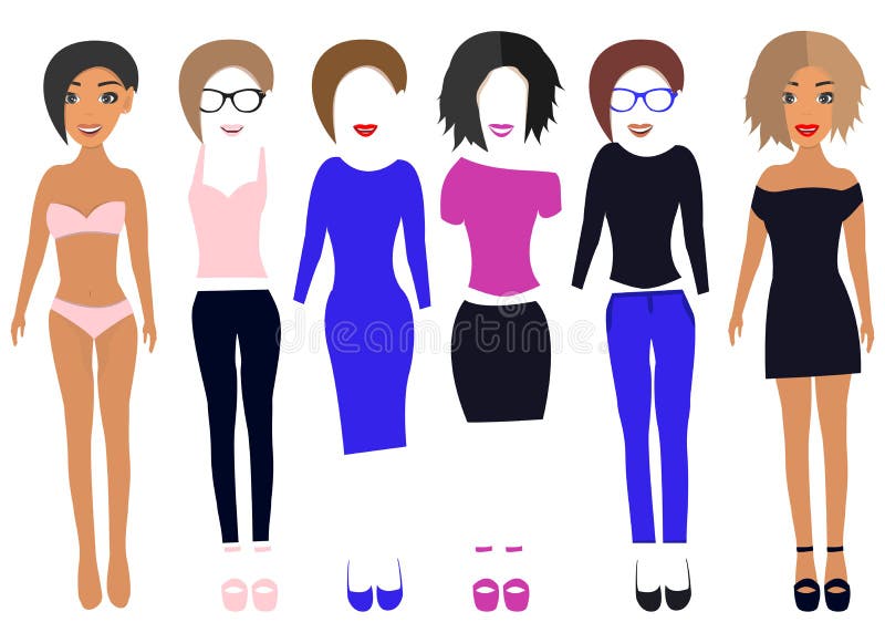 Vista para arriba la muñeca de papel en los vestidos, pantalones, camiseta, zapatos, vidrios, ropa interior y y pelo y los labios stock de ilustración Vista para arriba la muñeca de papel en los vestidos, pantalones, camiseta, zapatos, vidrios, ropa interior y y pelo y los labios stock de ilustración