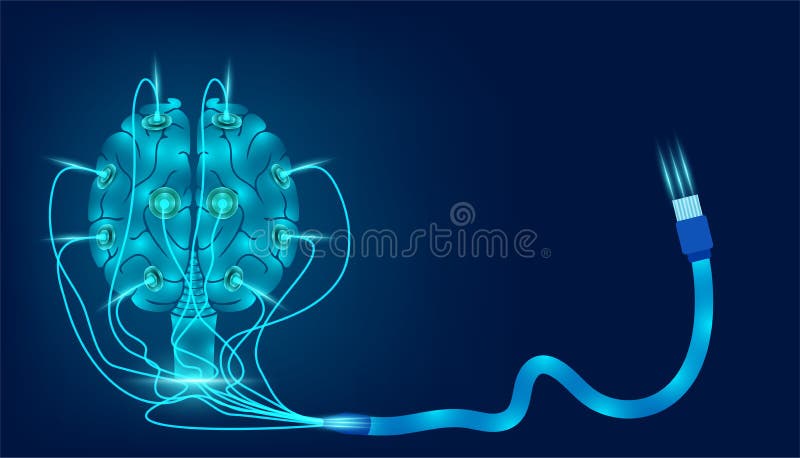 Back view brain interfaces technology plug and play transfer data to device. Back view brain interfaces technology plug and play transfer data to device.