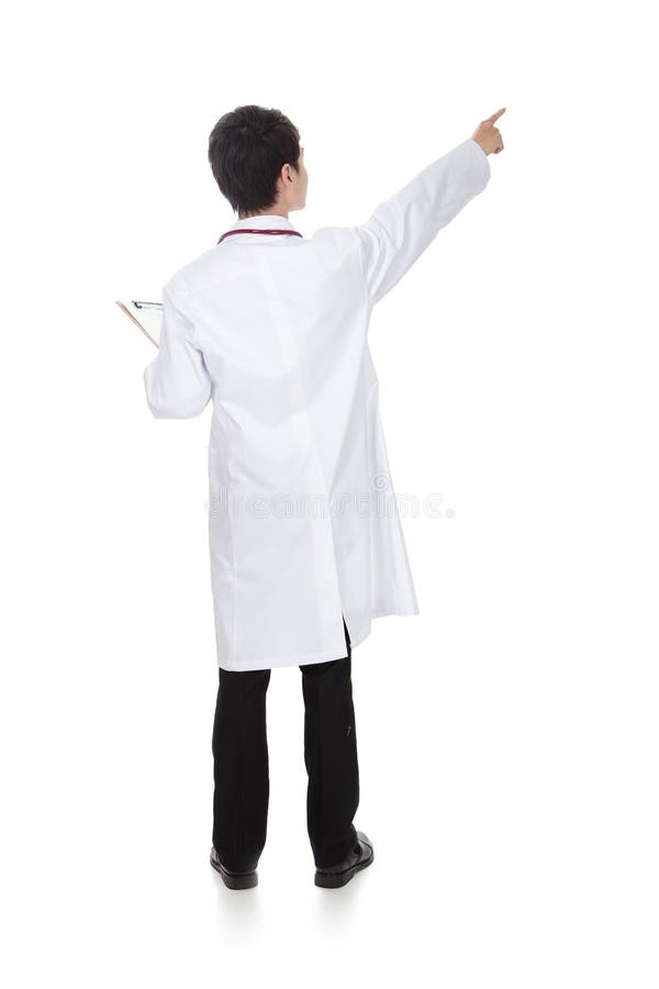 Vista posteriore di indicare maschio di medico immagine stock Vista posteriore di indicare maschio di medico immagine stock