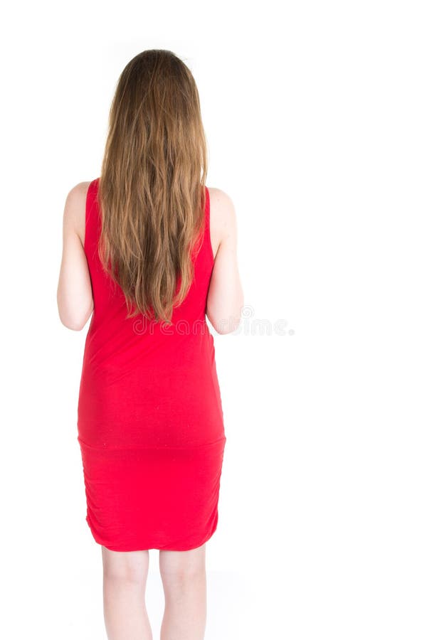 Vista posteriore di stare giovane bella donna in vestito fotografia stock Vista posteriore di stare giovane bella donna in vestito fotografia stock