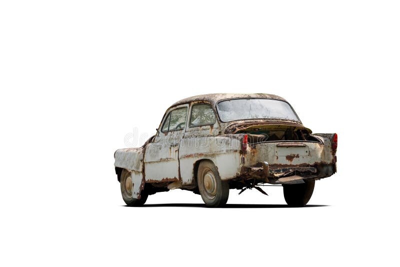 Vista posteriore di un'antica auto classica arrugginita, abbandonata e pesantemente corrosa, isolata su fondo bianco illustrazione vettoriale