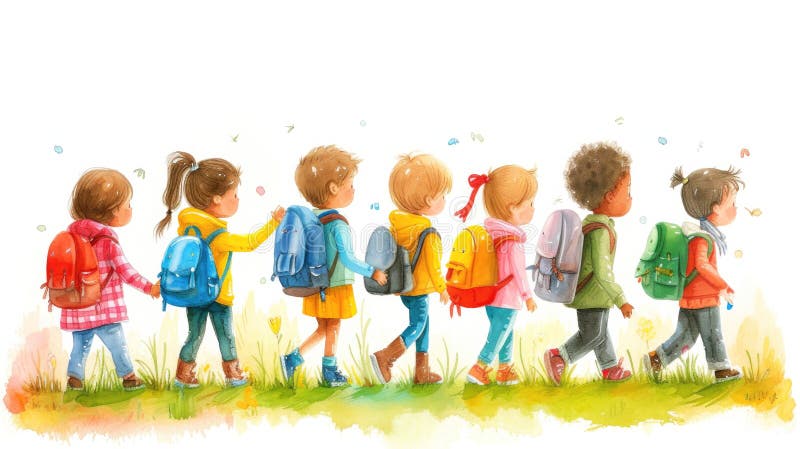 Vista posteriore di un corso di scuola elementare allineato con i loro zaini in gita per imparare flora e fauna illustrazione di stock