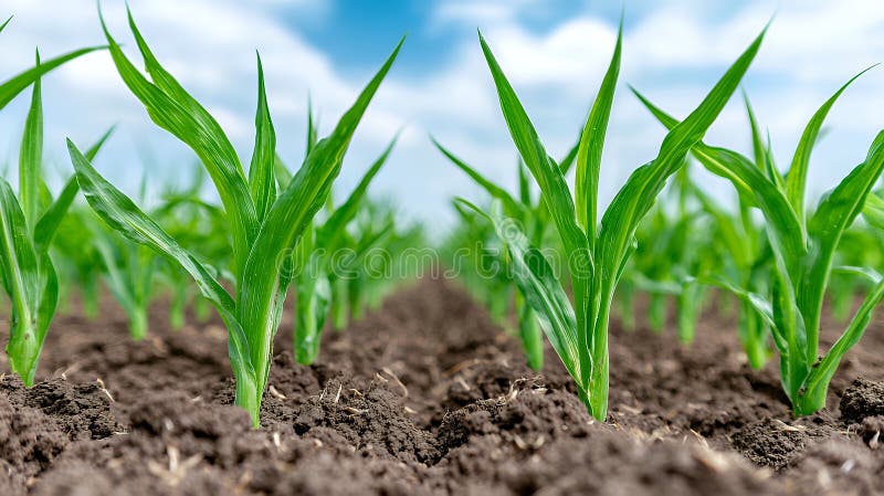 Primo piano di giovani piantine di mais in un campo illustrazione di stock
