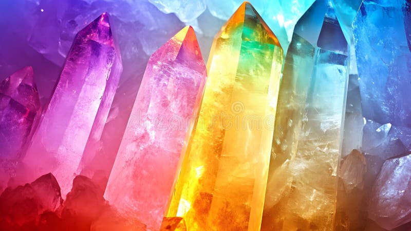 Vista ravvicinata di diversi cristalli colorati con effetto di gradiente di arcobaleno e punte appuntite royalty illustrazione gratis