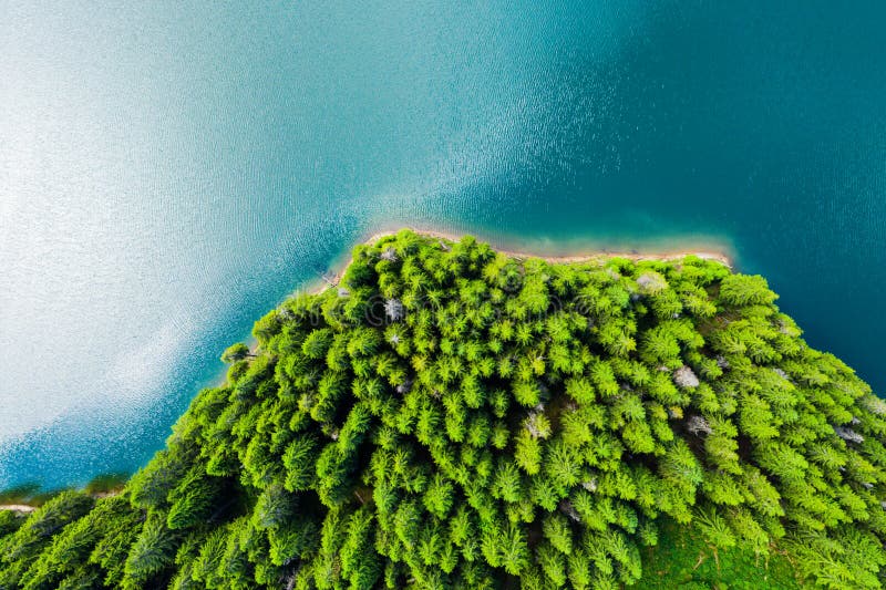 Vista a?rea de um lago da floresta Vista aérea do lago azul e de florestas verdes em um dia de verão ensolarado Fotografia do zan