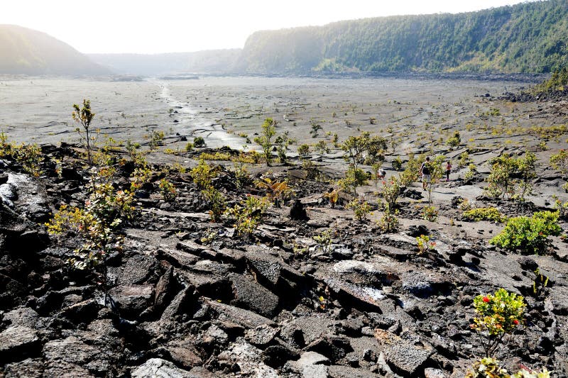 Vista sbalorditiva della superficie del cratere del vulcano di Kilauea Iki con la roccia di sbriciolatura della lava nel parco na fotografie stock Vista sbalorditiva della superficie del cratere del vulcano di Kilauea Iki con la roccia di sbriciolatura della lava nel parco na fotografie stock