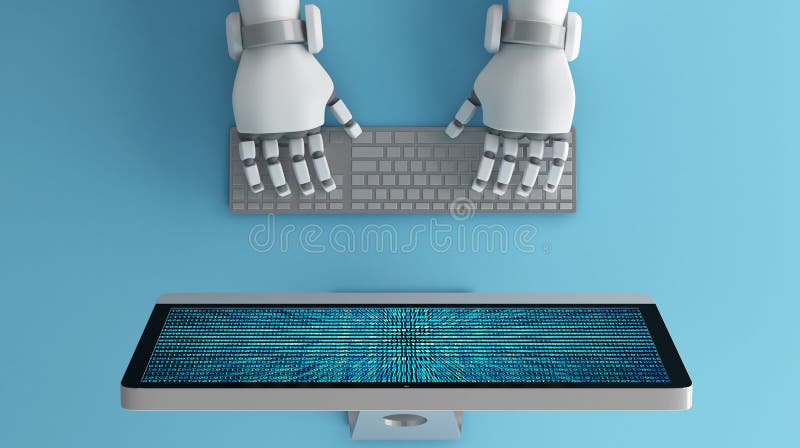 Vista superior de las manos del robot usando el teclado delante de un ordenador MES ilustración del vector Vista superior de las manos del robot usando el teclado delante de un ordenador MES ilustración del vector