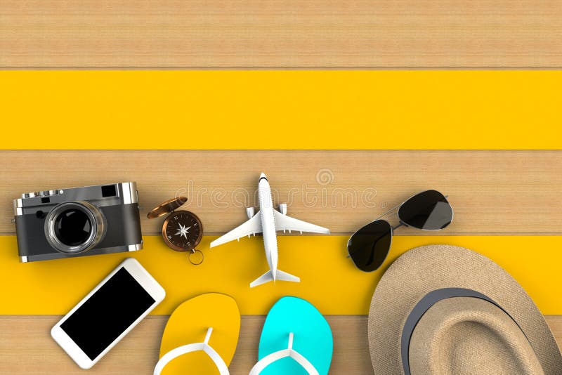 Vista superior de los accesorios en fondo de madera amarillo de la tabla, artículos esenciales de las vacaciones, concepto del vi stock de ilustración Vista superior de los accesorios en fondo de madera amarillo de la tabla, artículos esenciales de las vacaciones, concepto del vi stock de ilustración