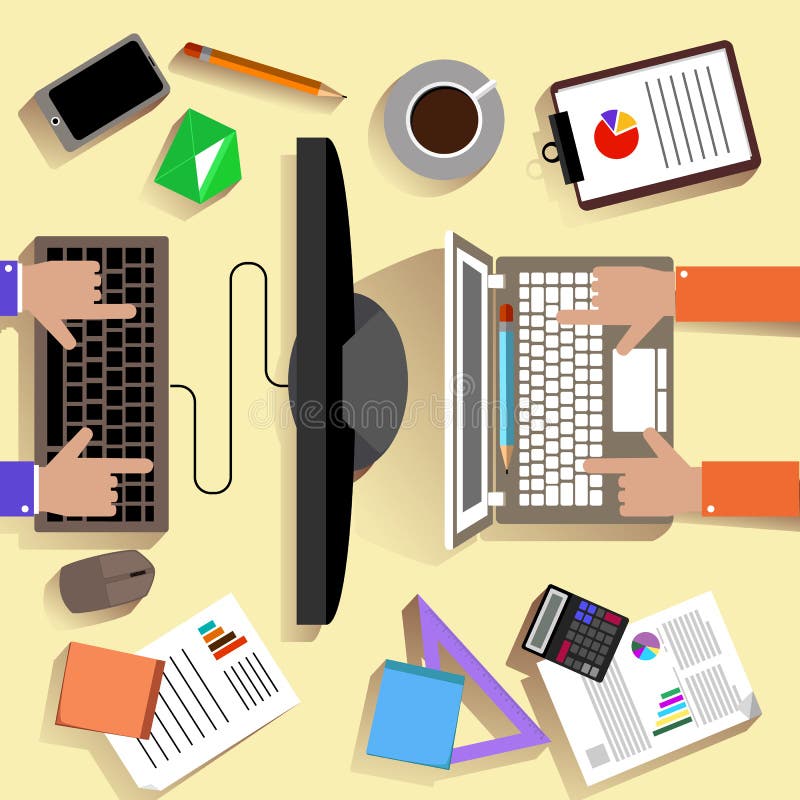 Vista superior del lugar de trabajo con el ordenador portátil y los dispositivos ilustración del vector Vista superior del lugar de trabajo con el ordenador portátil y los dispositivos ilustración del vector