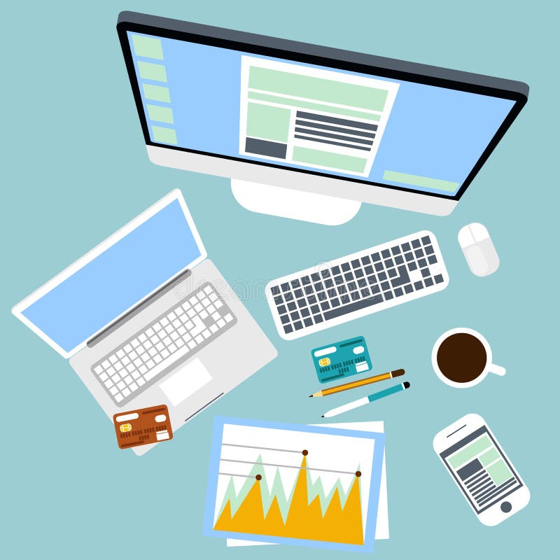 Vista superior del lugar de trabajo con el ordenador y los dispositivos libre illustration Vista superior del lugar de trabajo con el ordenador y los dispositivos libre illustration