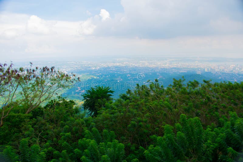 Vista superiore della montagna che trascura le alte costruzioni della città con cielo blu nuvoloso e le foglie verdi delle forest fotografie stock libere da diritti Vista superiore della montagna che trascura le alte costruzioni della città con cielo blu nuvoloso e le foglie verdi delle forest fotografie stock libere da diritti