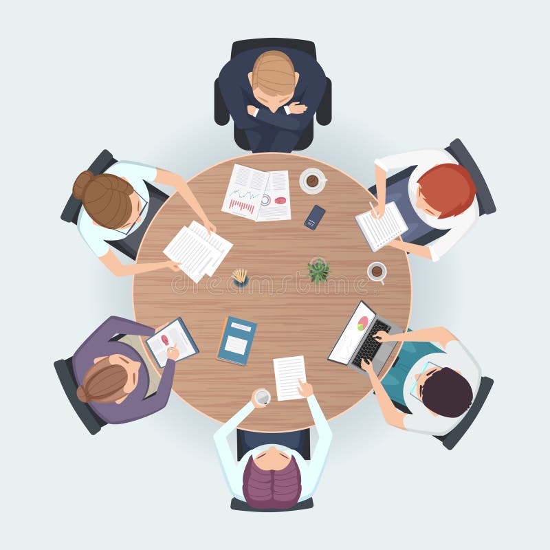 Vista superiore della tavola rotonda Gente di affari che si siede incontrando area di lavoro corporativa che confronta le idee l'