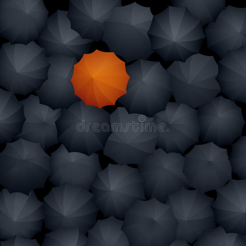 Vista superiore di molti ombrelli neri, un'arancia. illustrazione vettoriale Vista superiore di molti ombrelli neri, un'arancia. illustrazione vettoriale
