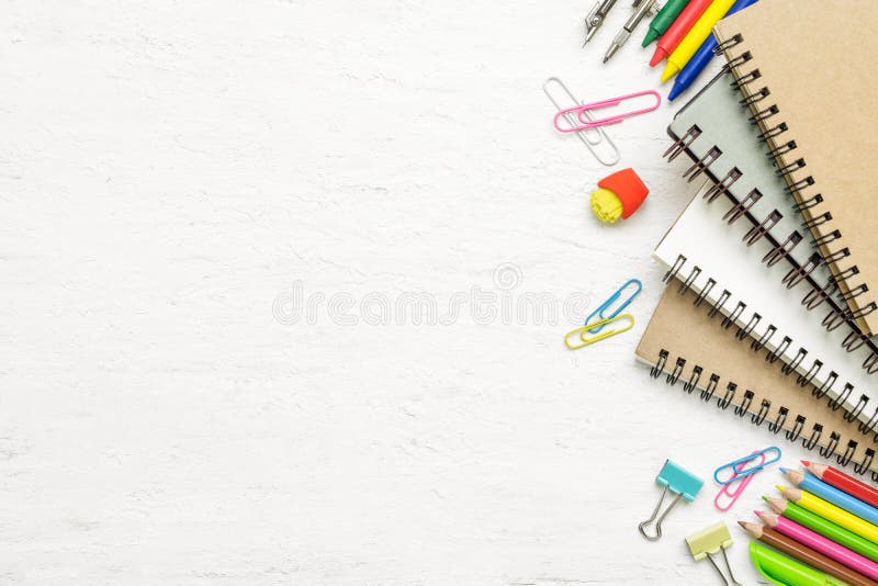 Top view back to school concept and education background concept. School supplies, stationery accessories on grunge white wood background. Flat lay, top view. Top view back to school concept and education background concept. School supplies, stationery accessories on grunge white wood background. Flat lay, top view