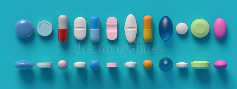 Vista superiore di pastiglie e capsule colorate su fondo blu chiaro illustrazione vettoriale