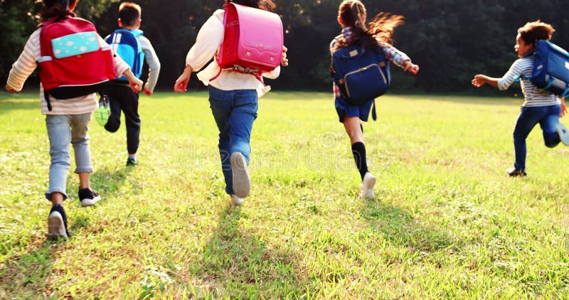Vista trasera de niños de primaria corriendo sobre el césped almacen de metraje de vídeo