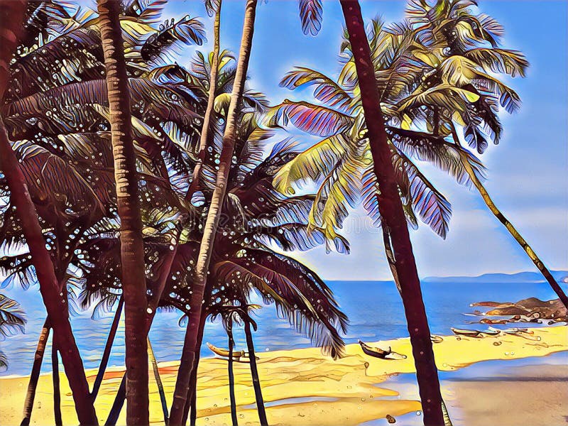 Vista tropicale del mare e della spiaggia tramite le palme e le foglie royalty illustrazione gratis Vista tropicale del mare e della spiaggia tramite le palme e le foglie royalty illustrazione gratis