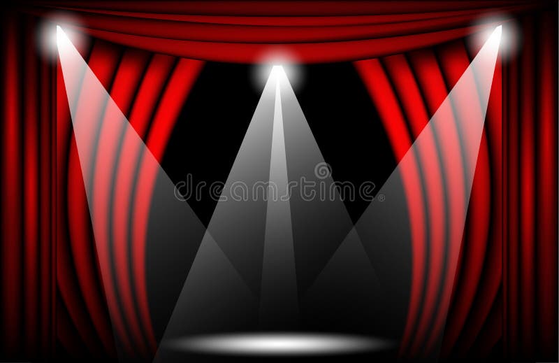 Vista vicina di una tenda rossa del velluto Illustrazione di vettore del fondo del teatro, fase di Teathre con i riflettori illustrazione di stock