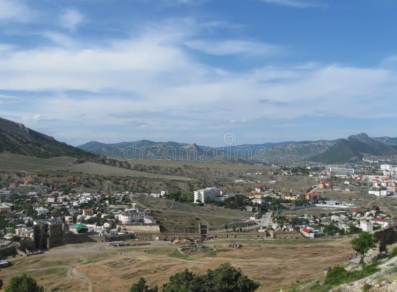 panoramic top views of Sudak township, mountains and Genoese fortress, Crimea. panoramic top views of Sudak township, mountains and Genoese fortress, Crimea