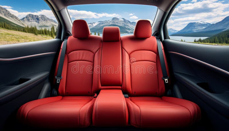 Vistas frontales y confortables asientos de asiento trasero de cuero rojo en un coche moderno y lujoso. Vista frontal de los asientos lujosos y cómodos del asiento trasero de cuero rojo en un coche moderno y lujoso generado por ai