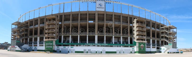 Elche, Alicante, Spain, May 3, 2024: Panoramic view of the south end of the Martinez Valero stadium of the Elche football club. Elche, Alicante, Spain. Elche, Alicante, Spain, May 3, 2024: Panoramic view of the south end of the Martinez Valero stadium of the Elche football club. Elche, Alicante, Spain