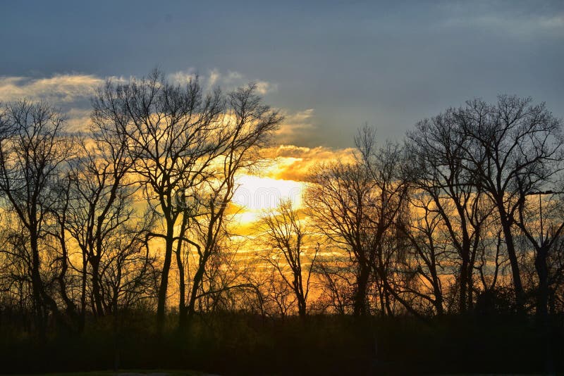 Viste di tramonto di crepuscolo attraverso i rami di albero di inverno da Opryland lungo Shelby Bottoms Greenway e l'area natural fotografia stock libera da diritti Viste di tramonto di crepuscolo attraverso i rami di albero di inverno da Opryland lungo Shelby Bottoms Greenway e l'area natural fotografia stock libera da diritti