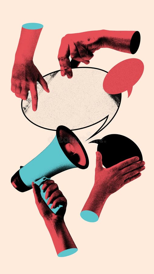 Visual communication. Multiple hands interact with speech bubbles and a megaphone, symbolizing teamwork in communication stock image
