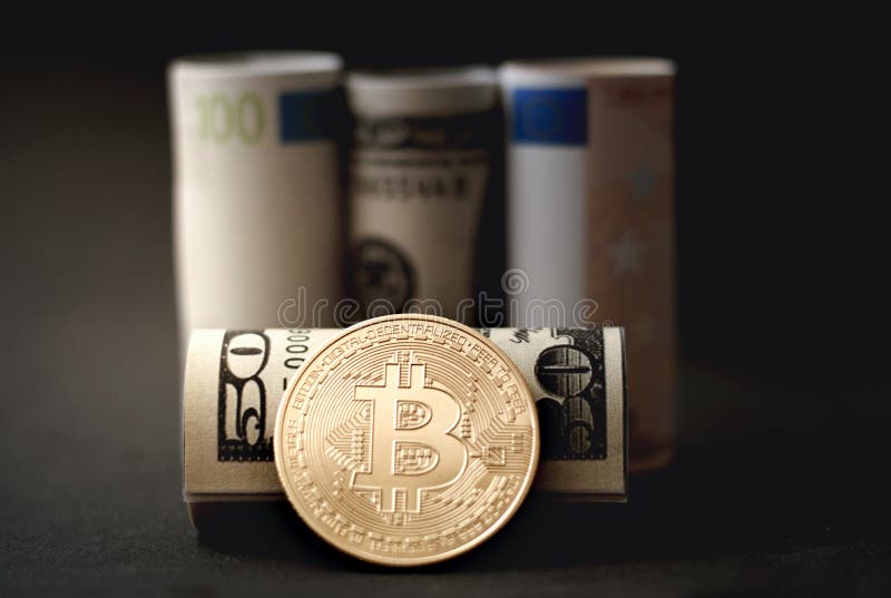 Visual concept showing the increase in value of the currency. Value increase photo made with bitcoins royalty free stock images
