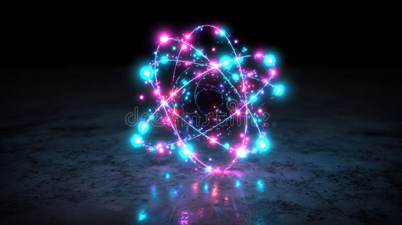 Visual Representation of an Atom With Glowing Particles in a Dark Environment Created With Colorful Lighting Effects stock images