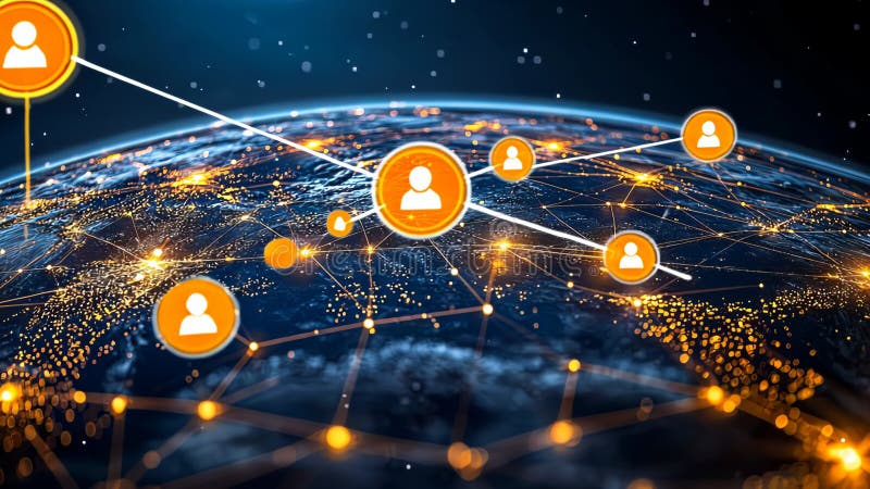 Exploring global connections through a digital network representation showcasing vibrant lights across the planet stock illustration