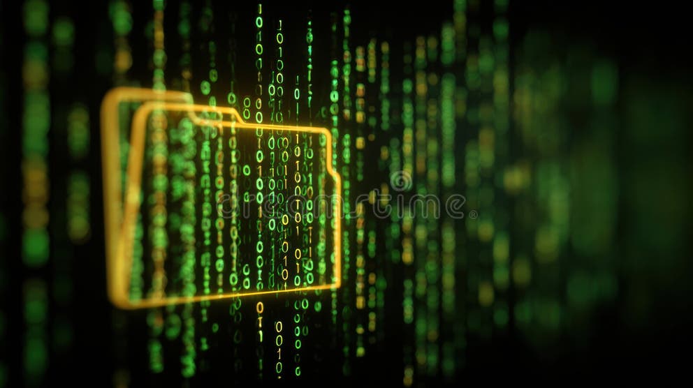 Visual Representation of Data Leak with Flowing Binary Code from Folder